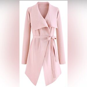 CHICWISH WIDE LAPEL TIE WAIST KNIT CARDIGAN IN PINK